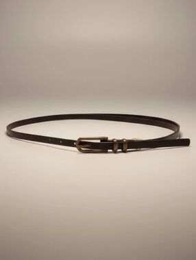 Classic Black Skinny Leather Belt with Antique Brass Buckle